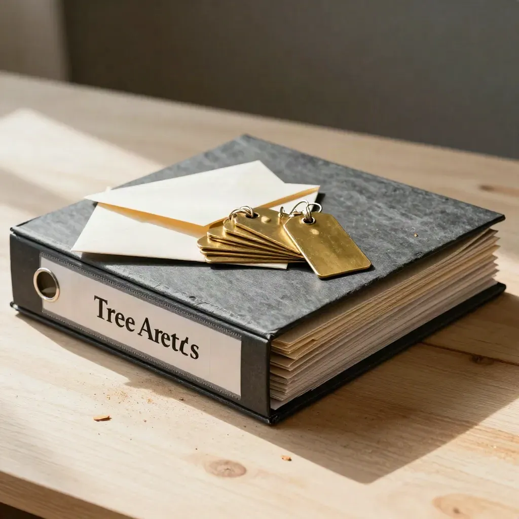 Brass tree tags and stacked binders on pale wood in warm daylight.