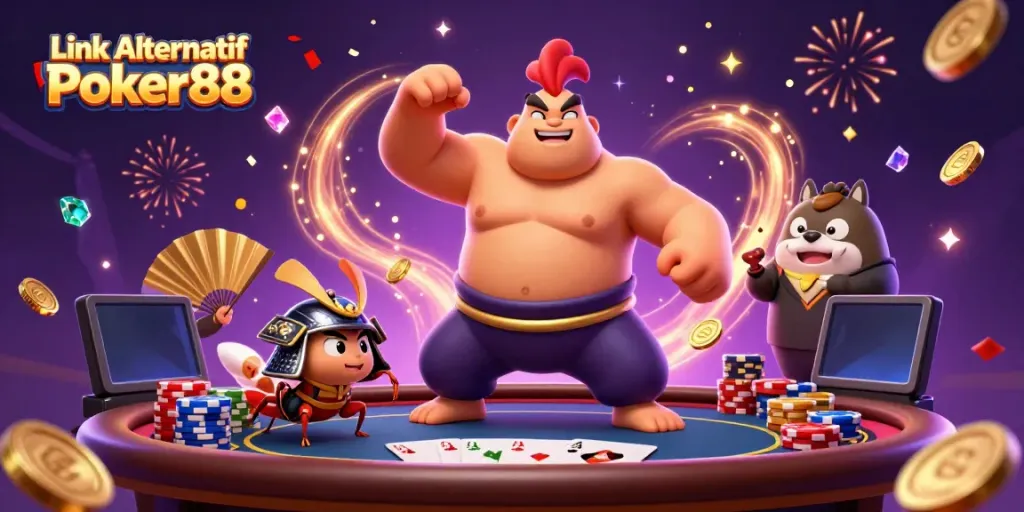 Experience the excitement of poker with Link Alternatif Poker88 in this dynamic 3D illustration.