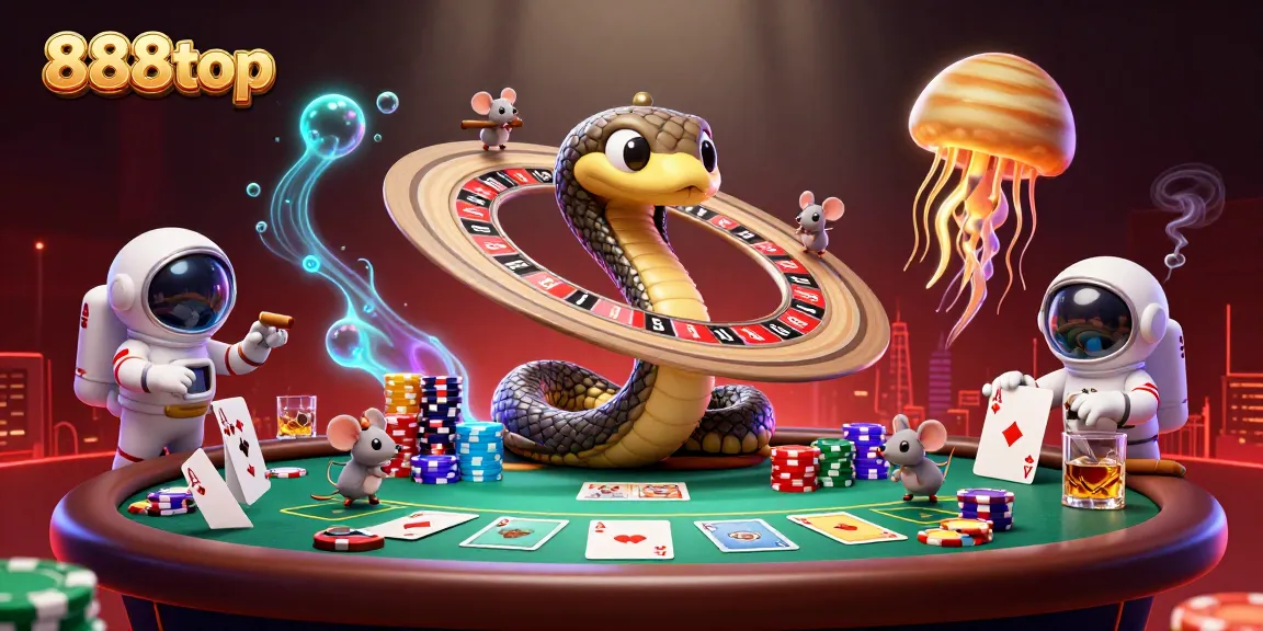 Engage with 888top as astronauts bet on a cosmic roulette while a jellyfish dealer oversees the game.