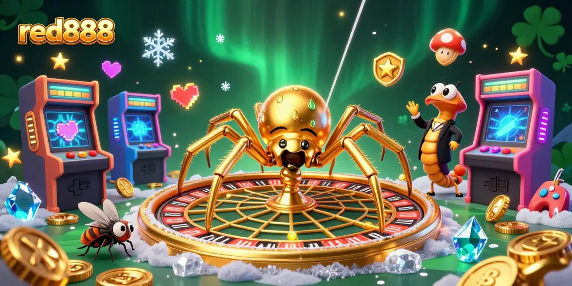 Experience thrilling gameplay with red888 featuring a golden spider, roulette, and colorful arcade machines.