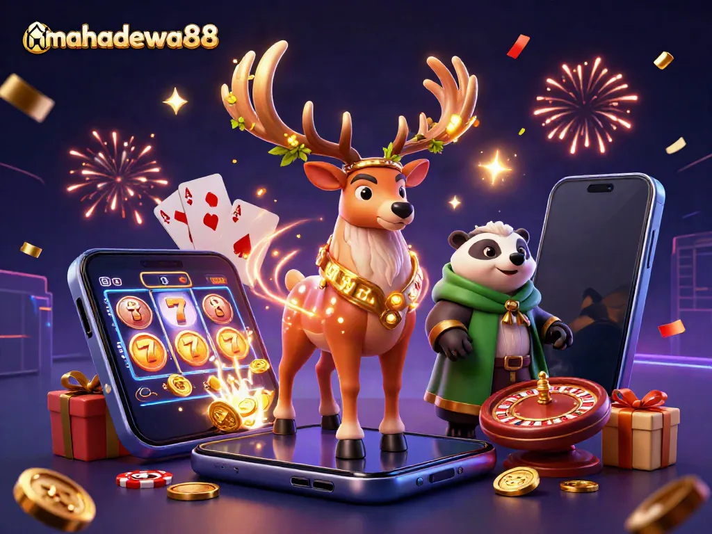 Spin the reels with mahadewa88 as a magical druid and badger celebrate winning jackpots amidst glowing gaming elements.
