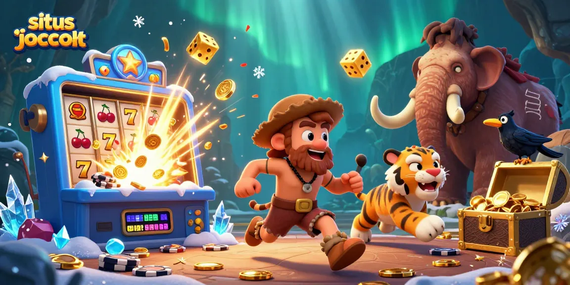 Experience the thrill of winning at situs slot jackpot with a vibrant prehistoric casino scene featuring dynamic characters and exciting game elements.