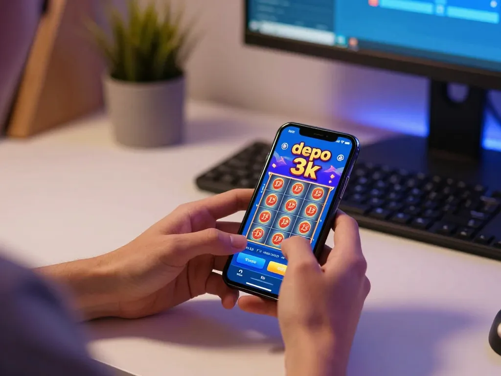 Player engaging with slot depo 3k interface on smartphone in modern home setting.