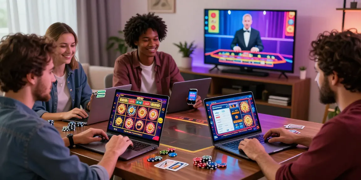 Spieler genießen ein lebhaftes Paysafe Card Casino-Erlebnis mit Laptops und mobilen Geräten, umgeben von bunten Casino-Grafiken.