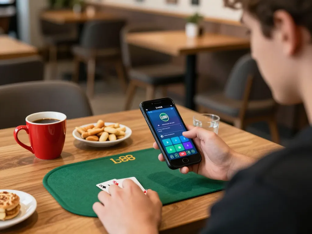 Player using app lc88 on smartphone while enjoying coffee and snacks during poker game.