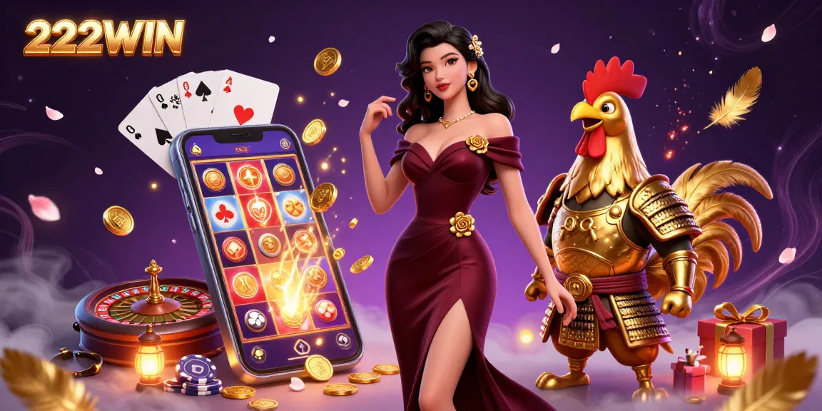 Play exciting slot games with 222WIN's vibrant 3D casino illustration featuring dynamic characters and thrilling elements.