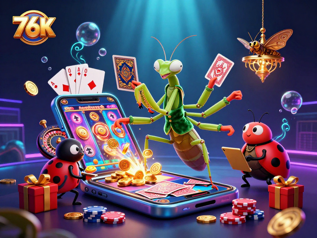 Aproveite a sorte no 76K com um cenário vibrante de cassino repleto de fichas e jogos.