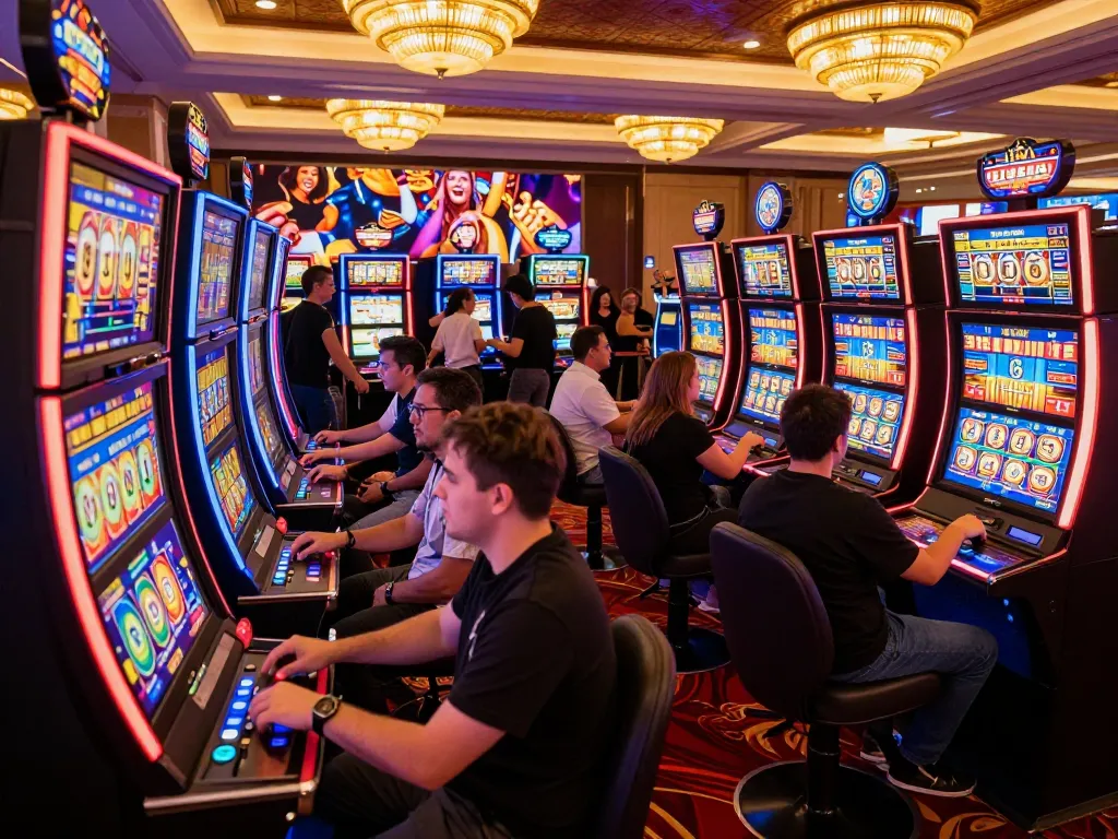situs slot gacor players spinning reels at bright casino slot machines celebrating wins under warm lighting