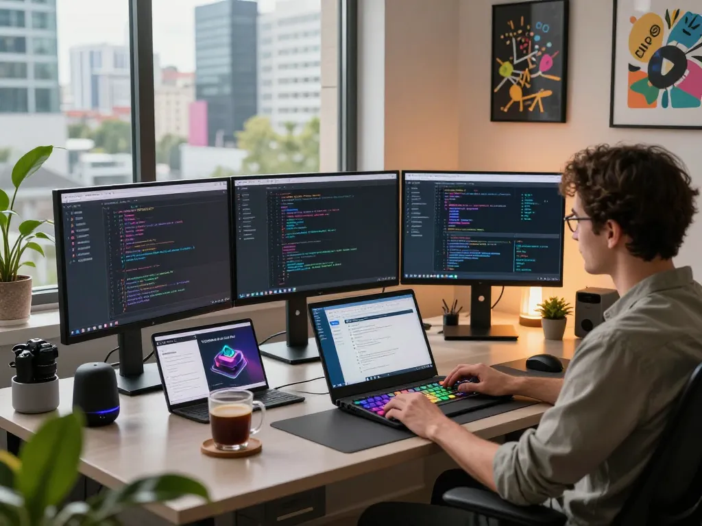 Developer using moltbot ai in a vibrant open-source workspace with multiple monitors and tech gadgets.