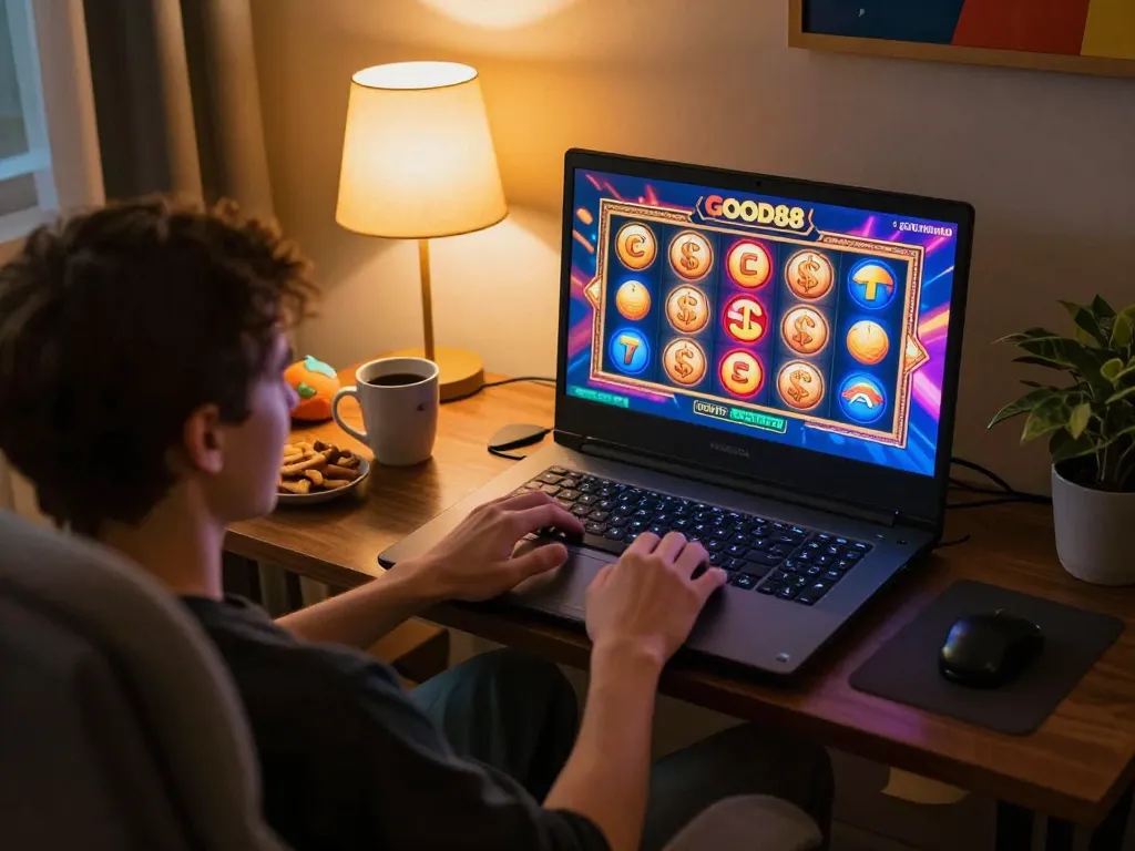 Engaged player experiencing GOOD88 online gaming on a cozy home setup.