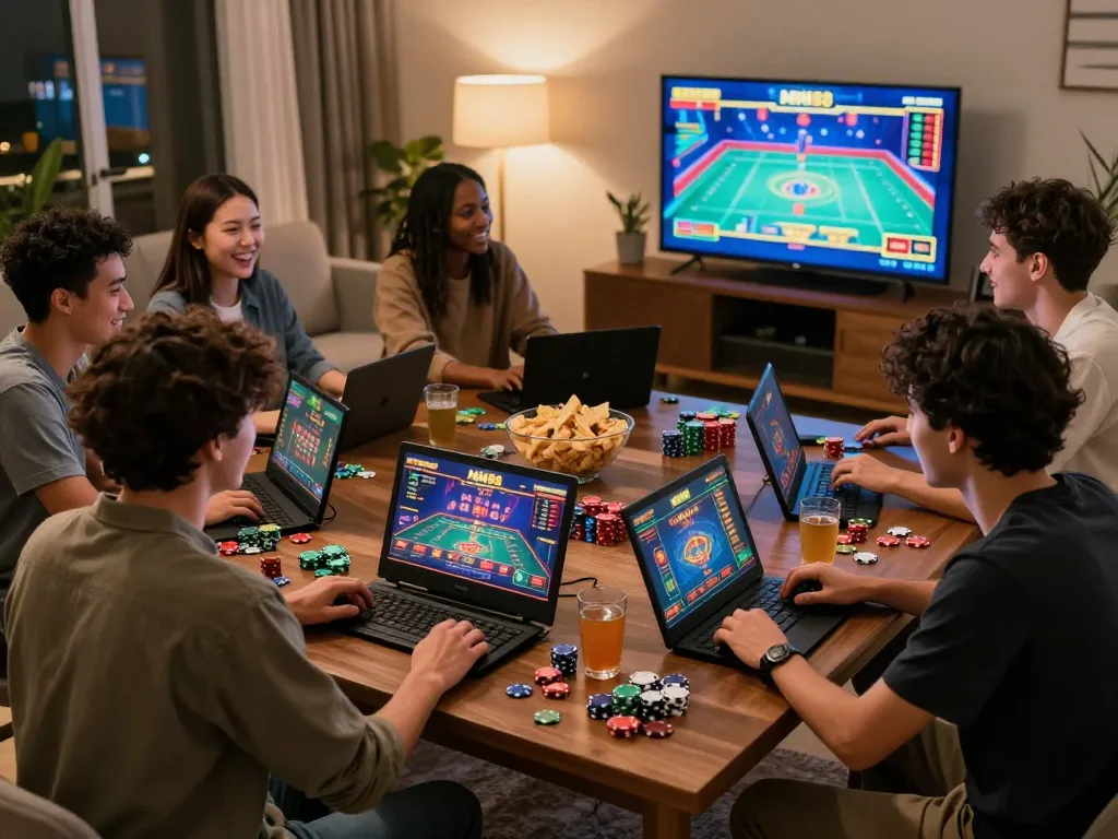 Friends enjoying a thrilling gaming night playing MM88 online casino games in a cozy living room.