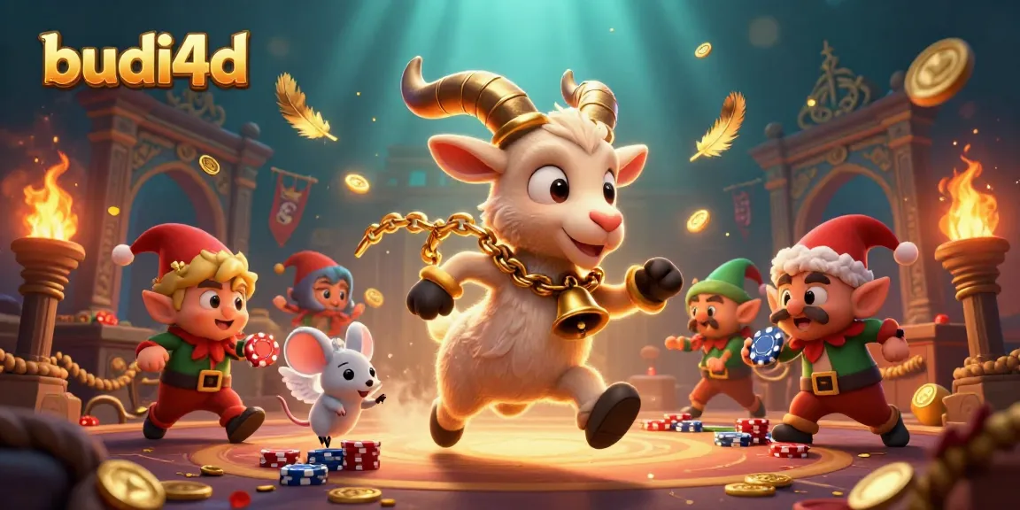 Budi4d casino game illustration featuring a festive Krampus goat, angel mouse, and elf gremlins amidst swirling golden particles.