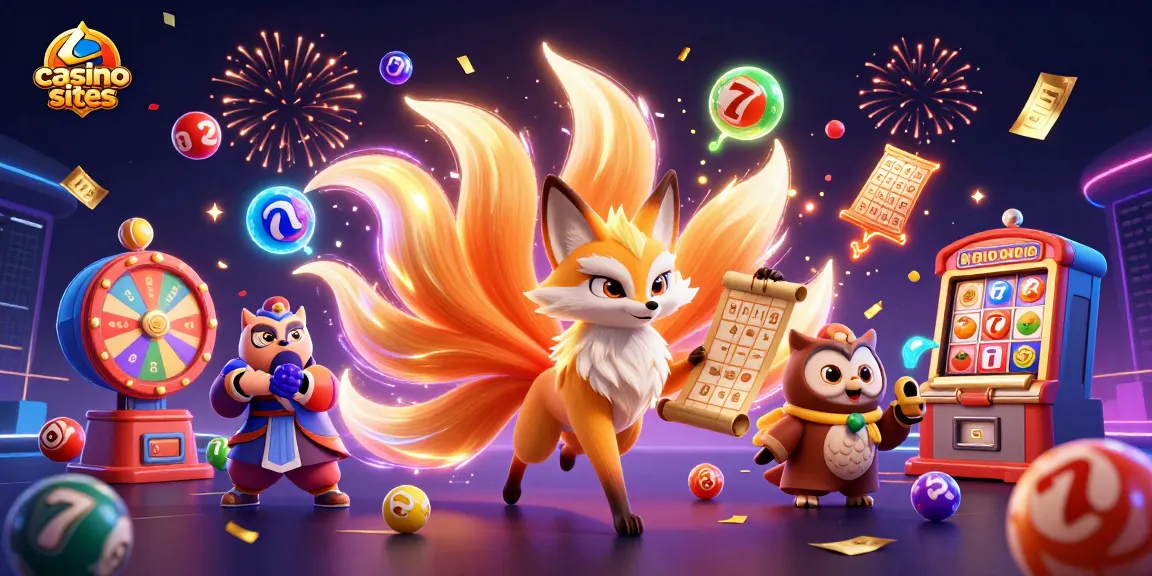 Explore vibrant casino sites with an enchanting nine-tailed fox spirit and lively gaming elements.