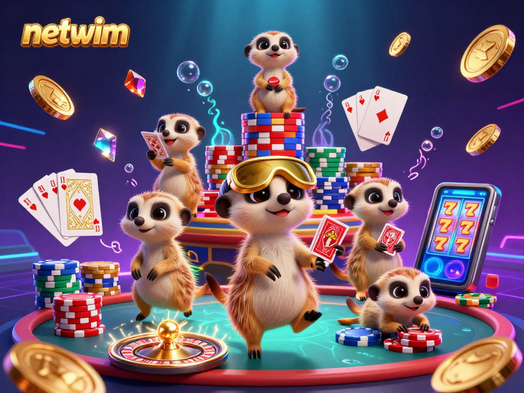Win big with netwim: Meerkats running a lively casino, showcasing vibrant games and excitement.