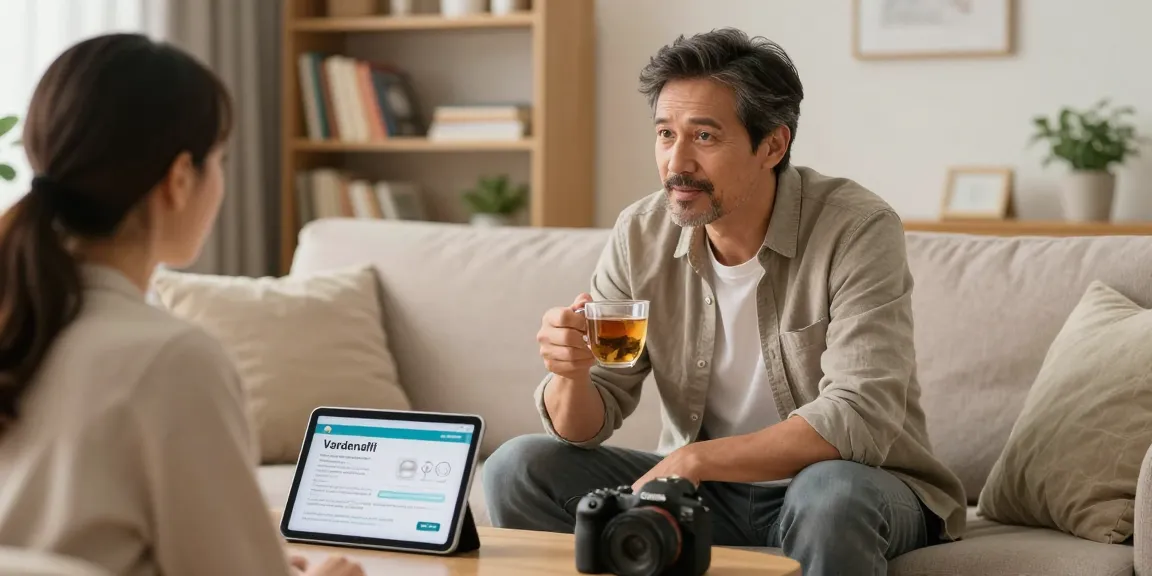 Man discussing Vardenafil with partner in cozy living room, promoting open conversation on sexual health.