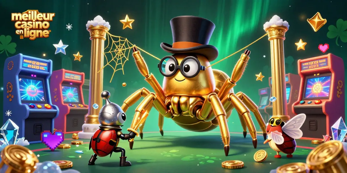Découvrez le meilleur casino en ligne avec une araignée dorée et un chevalier, entourés de jeux colorés.