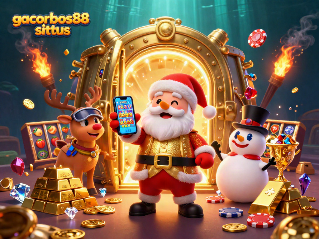 Experience excitement on gacorbos88 situs with Santa and friends celebrating jackpots and slot wins.