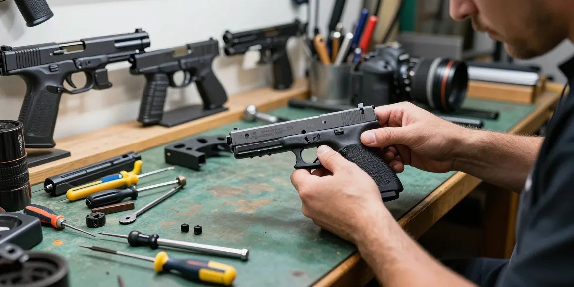 High-quality Glock slide installation at https://precisionglockslides.com by skilled gunsmith in a dynamic workshop.