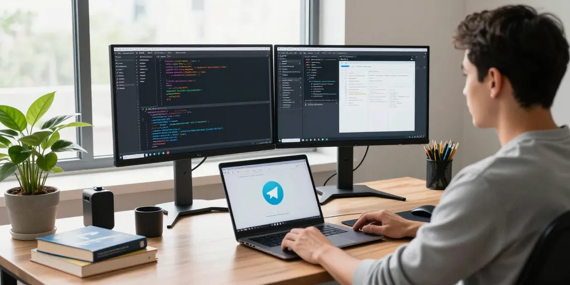 Developer using 纸飞机中文版官网 on dual monitors in a modern workspace.