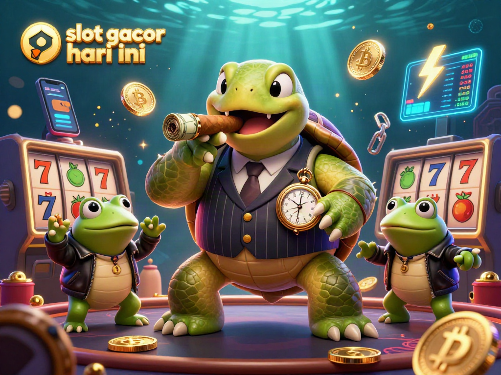Engage in winning strategies with slot gacor hari ini in a vibrant casino scene featuring a snapping turtle and frog enforcers.