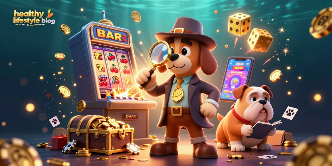 A dynamic scene from a healthy lifestyle blog illustrating a detective uncovering casino treasures with vibrant gaming elements.