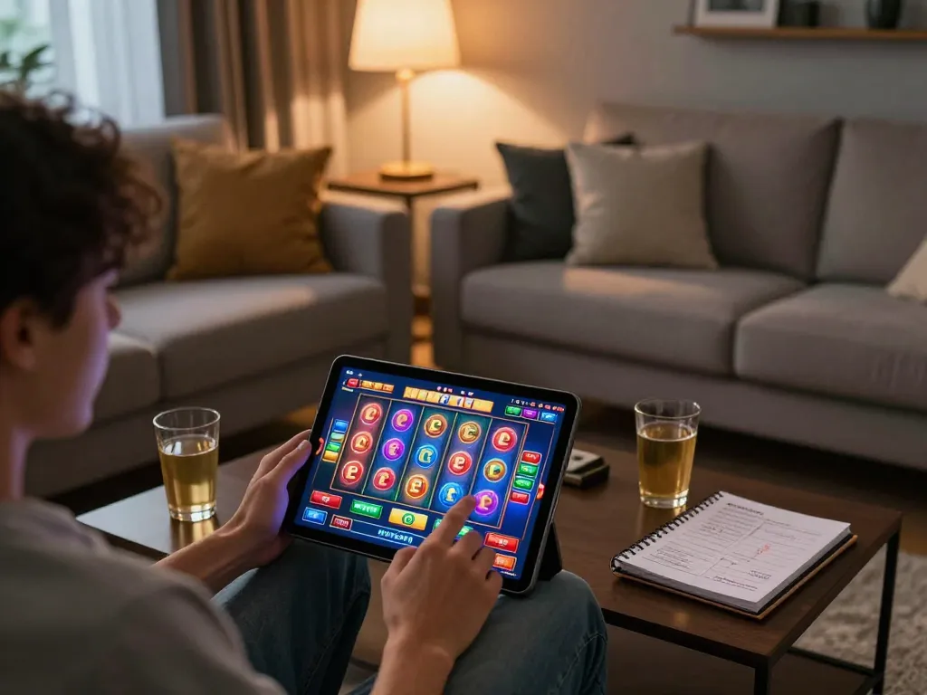 Engaging home gaming scene with slot gacor on tablet and cozy atmosphere