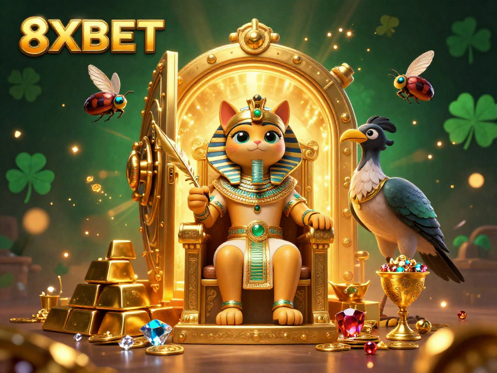 Join the excitement at 8XBET with a vibrant casino scene featuring rich treasures and animated characters.