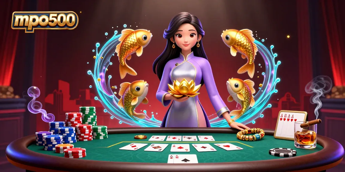 Experience thrilling gameplay at mpo500 with an elegant Asian woman and vibrant casino elements.