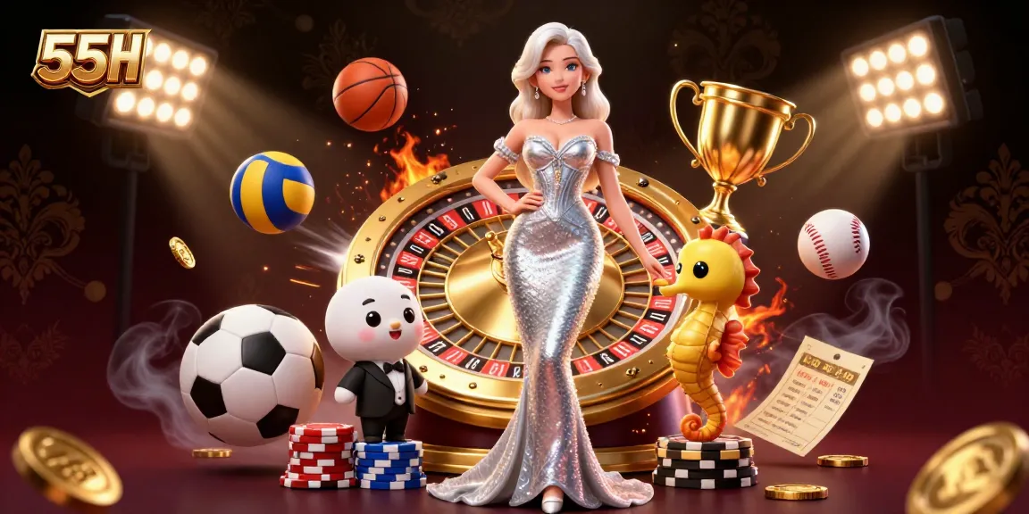 Experience the thrill of 55HH at a lively casino, featuring a stunning mermaid and golden roulette.