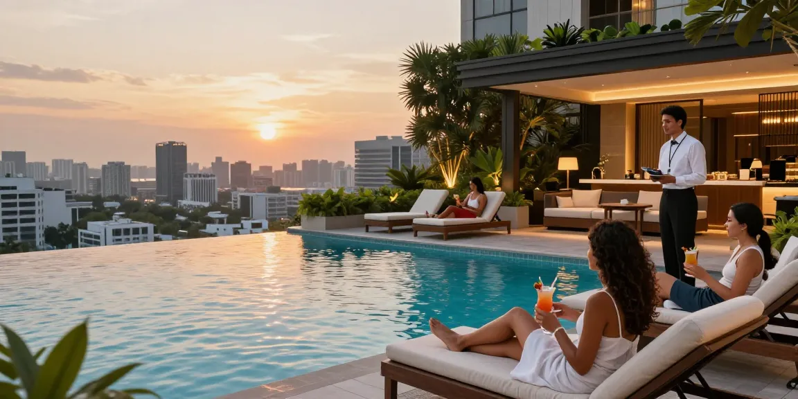 Guests enjoying luxury amenities at Carter Hotel in rokok88 during sunset.