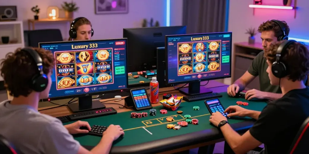 Luxury333 gaming enthusiasts enjoying a lively online casino experience in a modern home office setting.