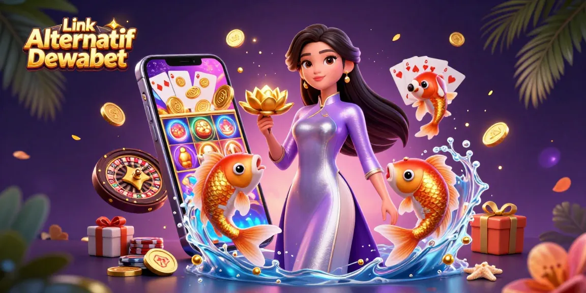 Engage with Link Alternatif Dewabet through an attractive casino scene featuring vibrant slot games and characters.