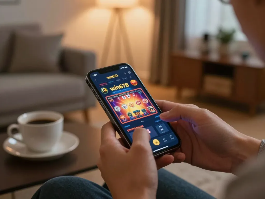 Engaging scene of win678 đăng nhập on a smartphone showcasing a lively online casino environment