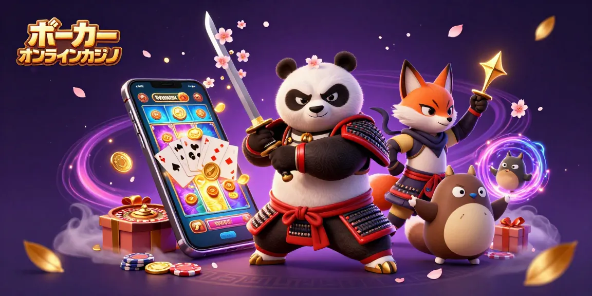 ポーカー オンラインカジノのための迫力ある3Dイラスト、侍パンダや忍者フォックスがゲーム要素と共に描かれています。