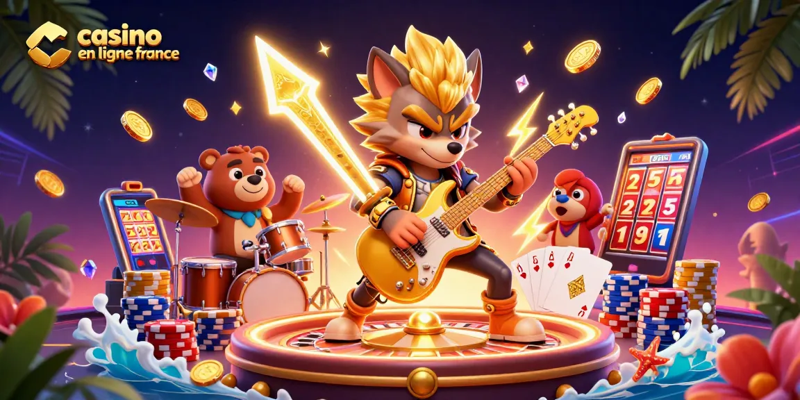 Profitez de l'expérience immersive du casino en ligne France avec un loup rock star et un ours batteur sur scène.