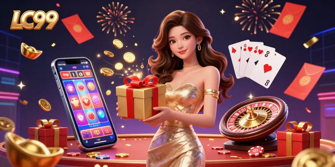 Engage with LC99's vibrant casino world as a stunning model presents golden coins and games abound.