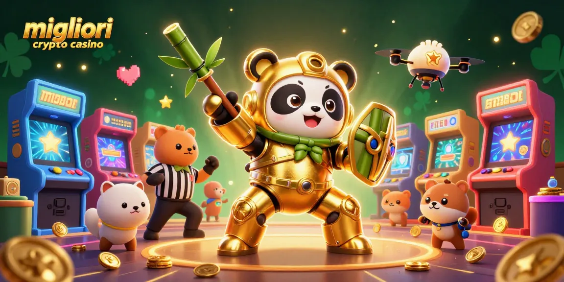 Componenti emozionanti dei migliori crypto casino in un'illustrazione 3D coinvolgente con panda e robot.