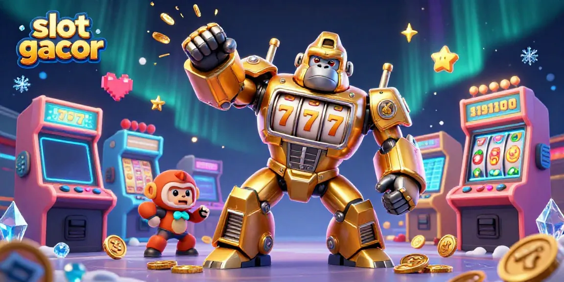 Experience winning excitement with slot gacor featuring a dynamic 3D gorilla mech and vibrant casino elements.