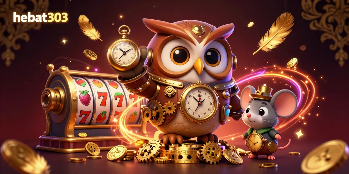 Play exciting slots at hebat303 with vibrant golden coins and rolling reels in a steampunk-themed casino.