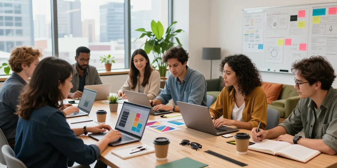 Freelancers strengthening up your portfolio through collaboration in a vibrant co-working space.