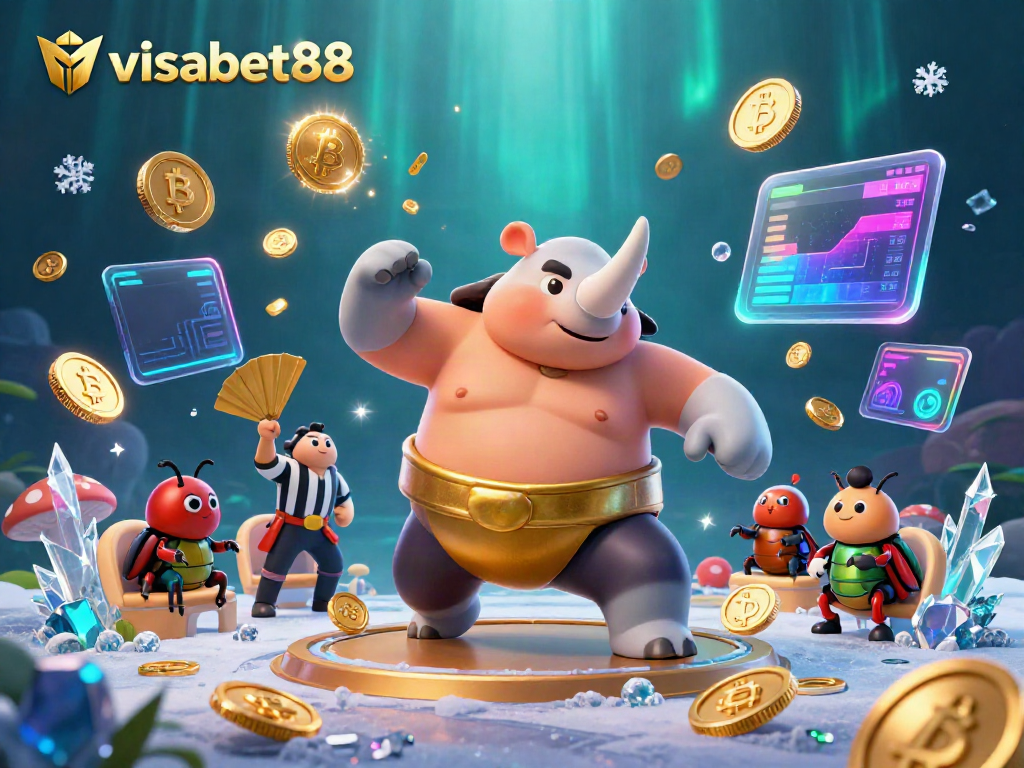 Experience thrilling action at visabet88 with a 3D sumo beetle champion amidst dynamic casino elements.