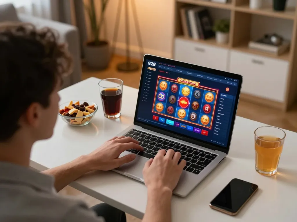 Player enjoying G28 online casino games at home with vibrant slot visuals.
