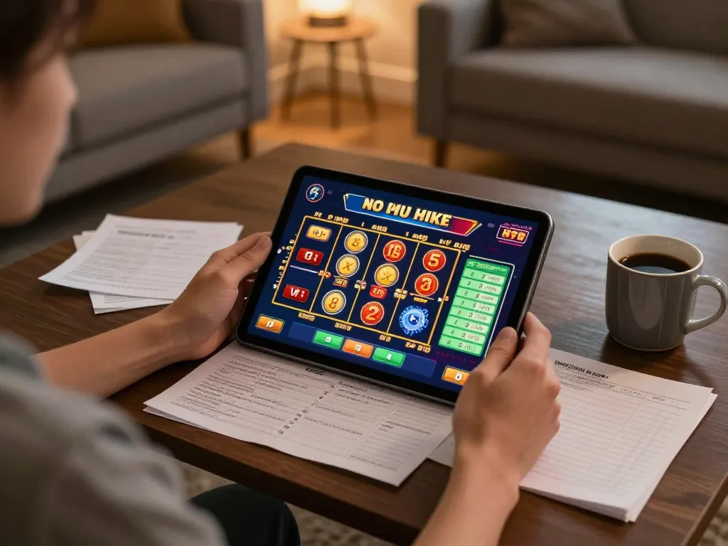 Engaging scene with a player enjoying no hu slots on a tablet while practicing responsible gaming.