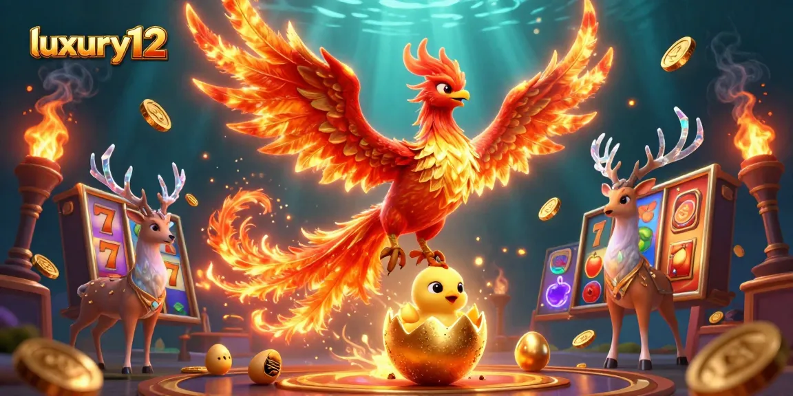 Play casino games at luxury12 with vibrant 3D slot reels and a fiery phoenix backdrop.