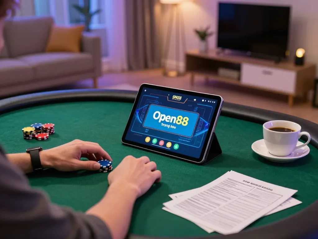 Engaging in poker on Open88 trang chủ with friends in a cozy home environment.