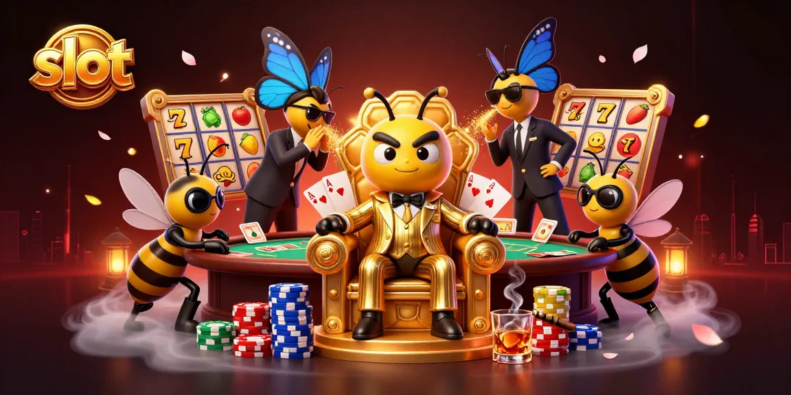Spin the slot reels in a vibrant casino scene with bumblebee mob boss and wasp bodyguards.