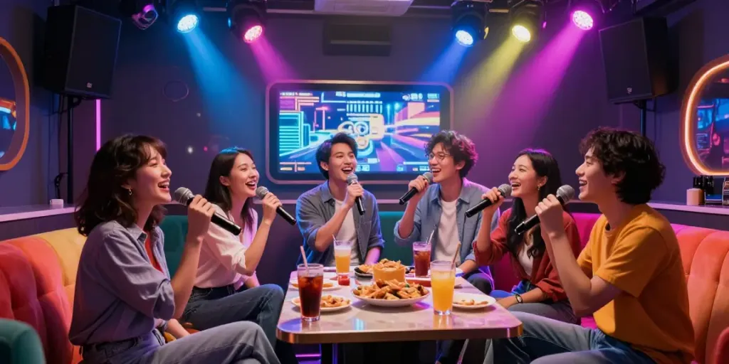 도파민 가라오케에서 친구들과 함께 노래를 부르는 즐거운 모습
