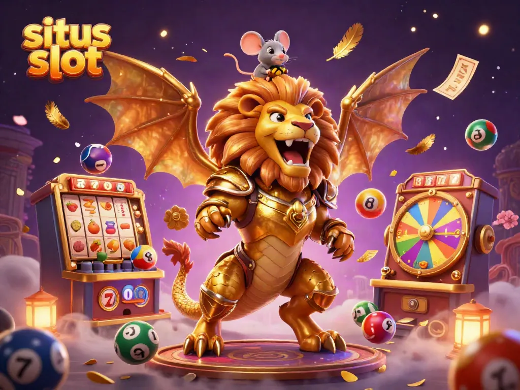 Ilustrasi ceria tentang situs slot dengan karakter chimera emas dan mouse, permainan jackpot muncul.