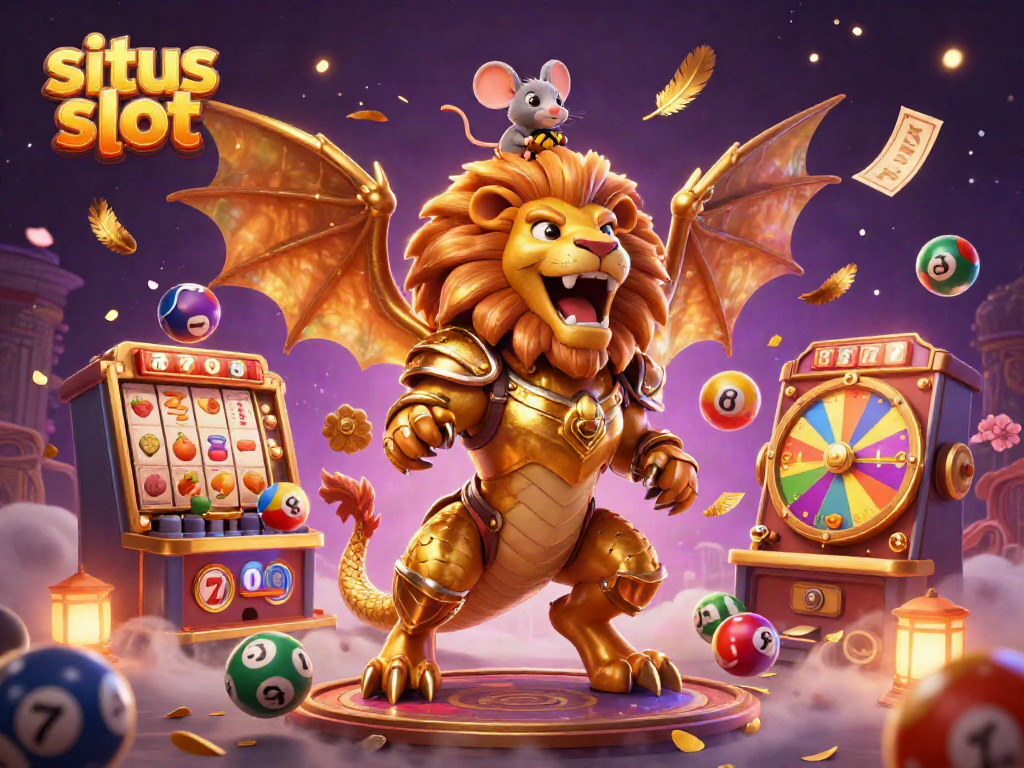 Ilustrasi ceria tentang situs slot dengan karakter chimera emas dan mouse, permainan jackpot muncul.
