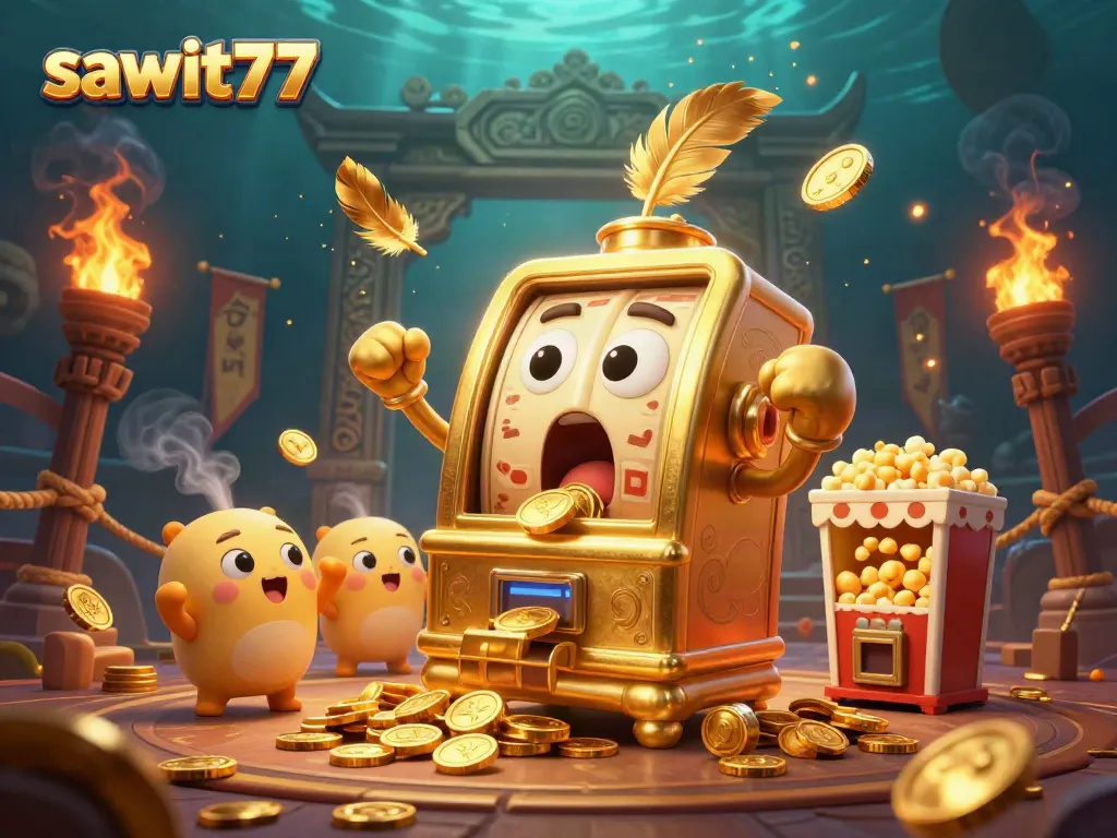 Slot machine sawit77 jackpot dengan koin berlimpah sambil berinteraksi dengan mesin kecil lainnya, suasana casino ceria.
